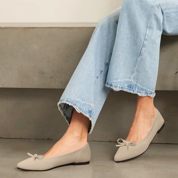 Women Slingback Pointed Toe Beige Flats Bow Comfortable Dressy Party Work Shoes - Picture 4 of 6